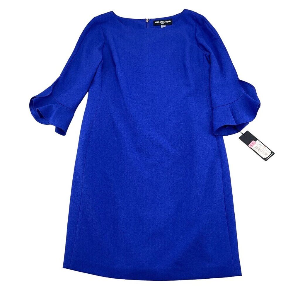 Karl Lagerfeld Dress Women 12 Royal Blue Sheath Ruffle Classic Party Stretch NWT